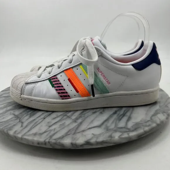 Adidas Mens 7.5 Superstar Shoe White Leather Multi Jagged Shell Toe Sneaker - Picture 4 of 13